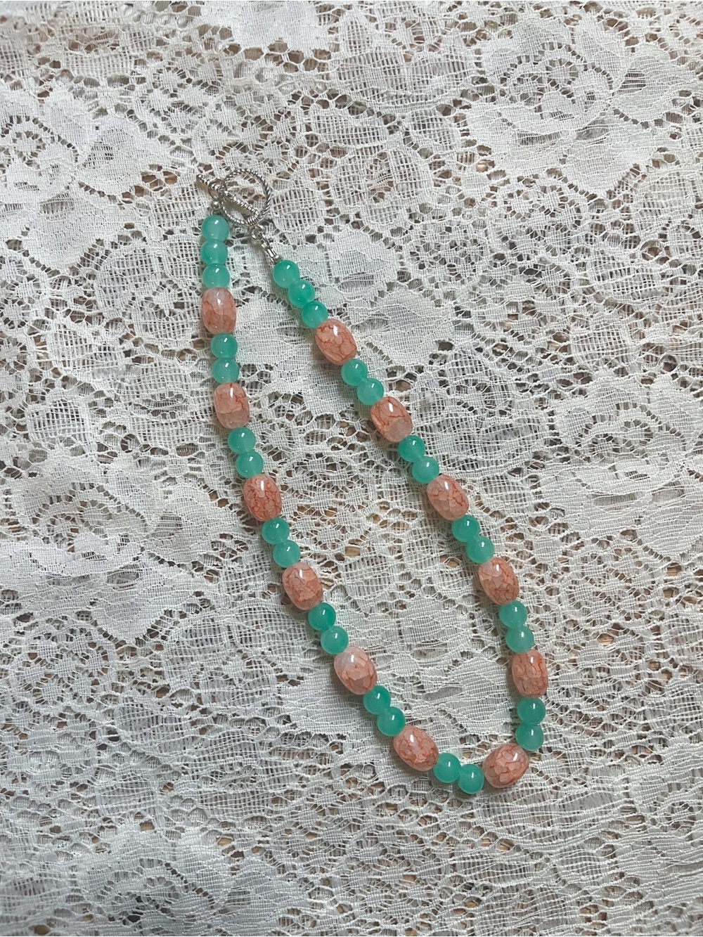 Handcrafted Green and Peach Glass Beaded Necklace with Toggle Clasp